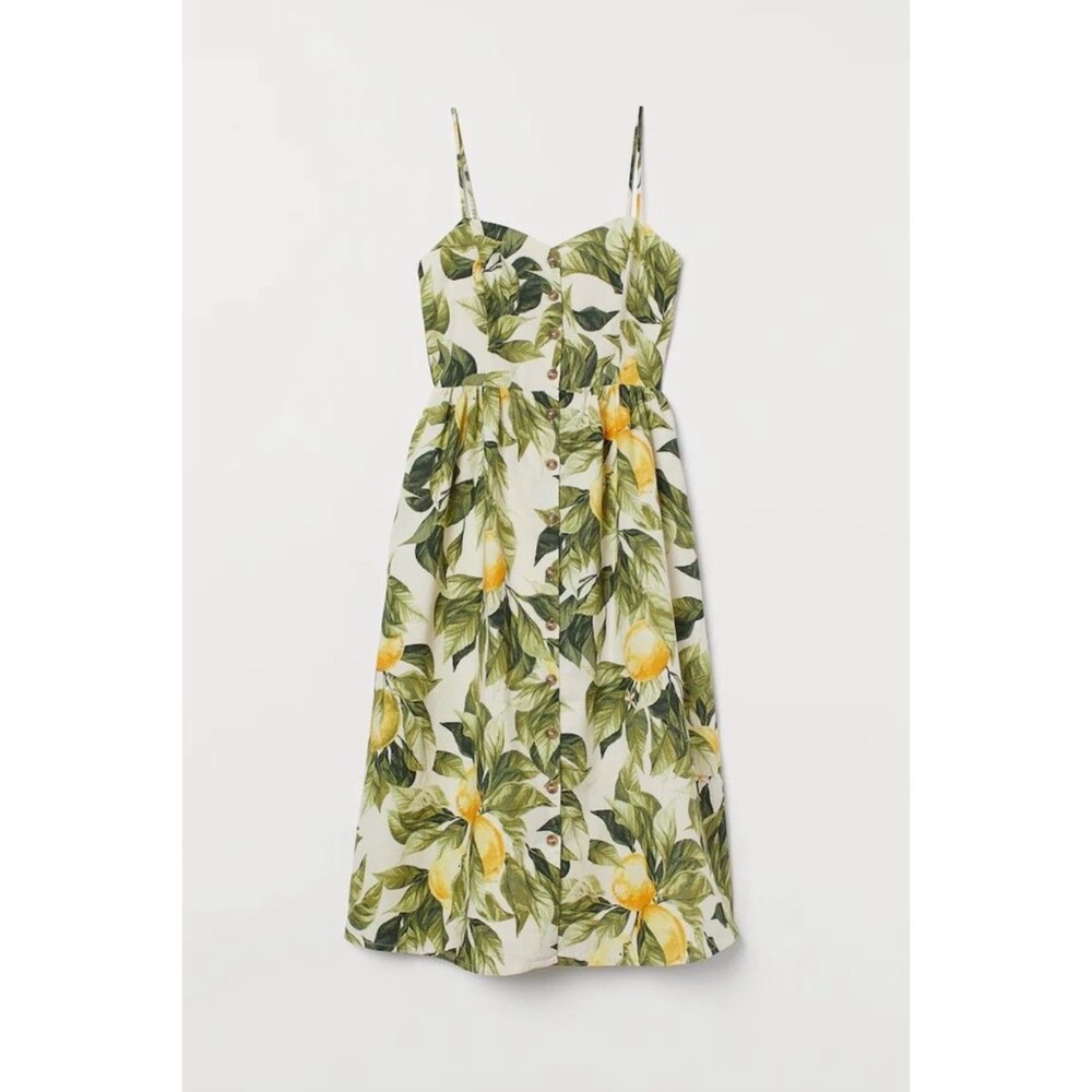 H&M LINEN-BLEND DRESS Lemon Print Dress Size XS
